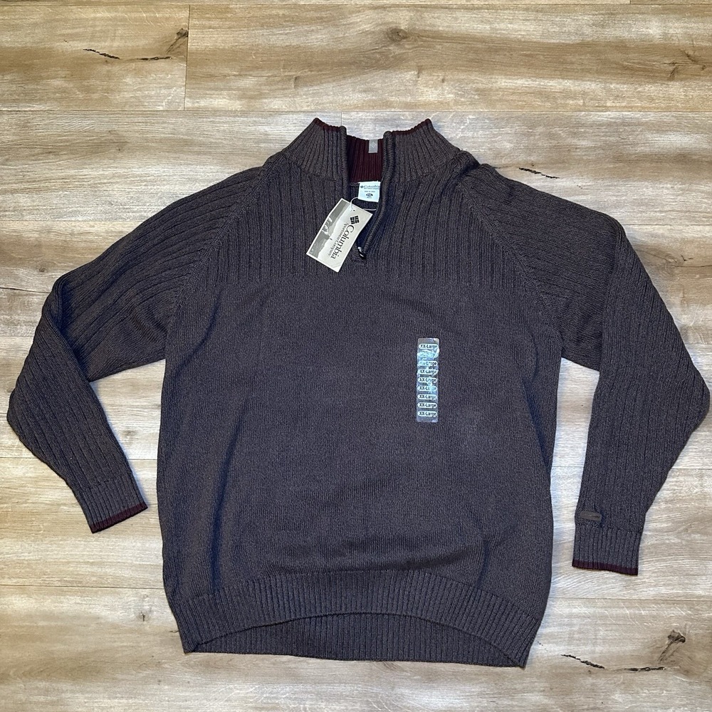 Columbia Sweater Mens XXL Brown Cotton Ribbed Knit 1/4 Zip Pullover Preppy NEW